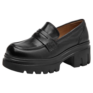 奥康 女鞋厚底乐福鞋女2025秋季新款一脚蹬增高黑色单鞋复古皮鞋N