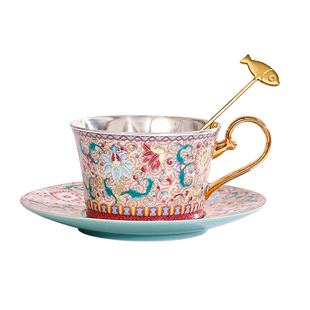 瓷包银茶杯纯银999银水杯手工珐琅彩咖啡杯勺子杯托套装送礼餐具