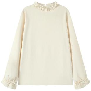 慕兔法式木耳边长袖t恤女2026春季新款内搭灯芯绒宽松打底衫上衣