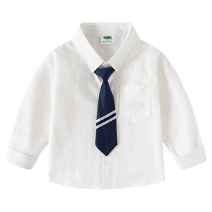 2026春秋新款儿童长袖衬衫男童学院风领带白衬衣宝宝纯棉宽松上衣