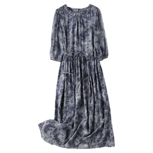 钉珠圆领系带收腰法式6A级桑蚕真丝印花连衣裙中袖透明气质长裙女