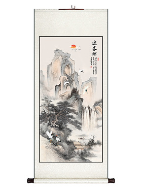 迎客松新中式玄关卷轴挂画