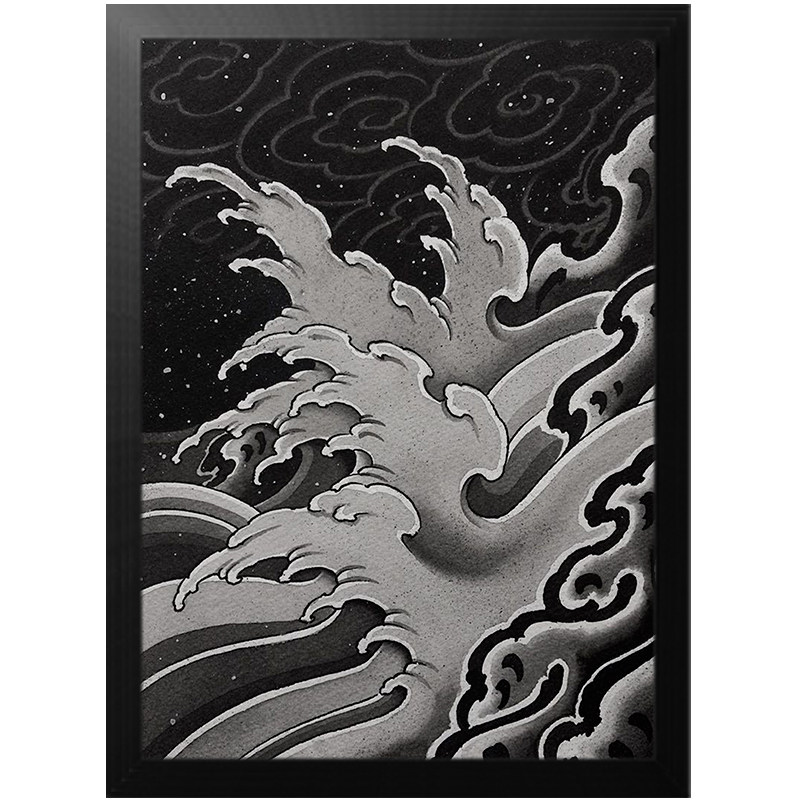 纹身海报装饰画框老传统浪花刺青手稿可摆可挂A4客厅墙壁框画相框