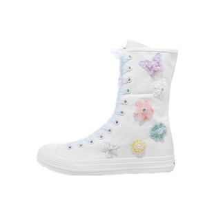 春秋板鞋女靴平底高帮帆布鞋高邦鞋花朵舒适靴子蕾丝高筒拉链大码