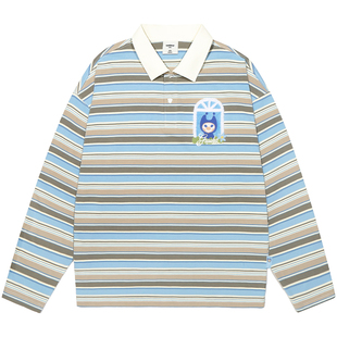 GUUKA潮牌条纹t恤男长袖polo衫春季情侣蝴蝶纽扣落肩刺绣上衣宽松