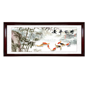 电表箱遮挡画新中式客厅沙发墙装饰画牡丹花迎客松山水壁画实木框