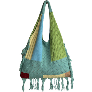 小众设计流苏拼接文艺百搭毛线针织包复古民族风编织单肩托特包袋