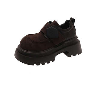 复古绒面厚底增高小皮鞋女2026春季新款魔术贴英伦乐福鞋大头单鞋