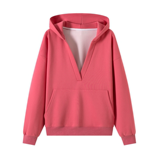 连帽卫衣女大V领春秋冬百搭慵懒风上衣宽松显瘦灰色长袖外套休闲