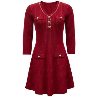 Vero Moda奥莱针织连衣裙2025秋季新商场同款V领链条七分袖流行