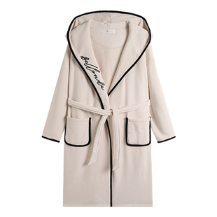 妮狄娅情侣加厚保暖双面绒睡衣女冬时尚连帽睡袍男简约休闲家居服