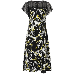 马天奴女装夏季黑色印花桑蚕丝连衣裙子短袖长裙气质淑女流行