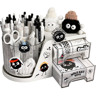 神秘小煤球~笔筒收纳盒学生桌面大容量超大笔桶儿童女孩创意文具整理盒高颜值ins风旋转多功能办公室置物架