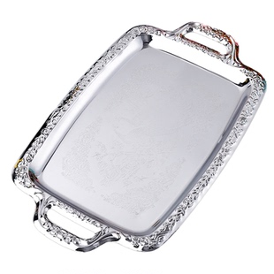 欧式复古工艺金属托盘 银色酒店会所水果面包零食收纳长方形盘子