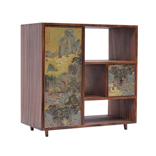 实木复古茶水柜桃村草堂图铜彩烧山水柜轻奢储物餐边柜边角置物柜