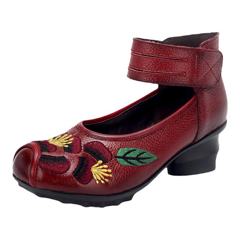 春秋民族风单鞋妈妈鞋软底跳舞鞋广场舞鞋舞蹈鞋休闲女鞋真皮中跟