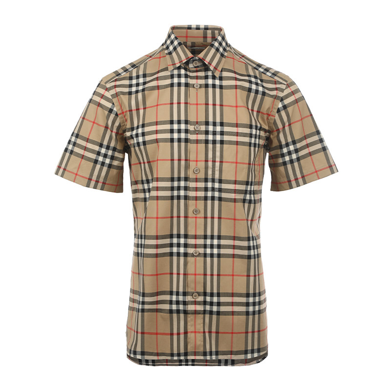 【自营】BURBERRY/博柏利男士经典格纹宽松休闲尖领纯棉短袖衬衫