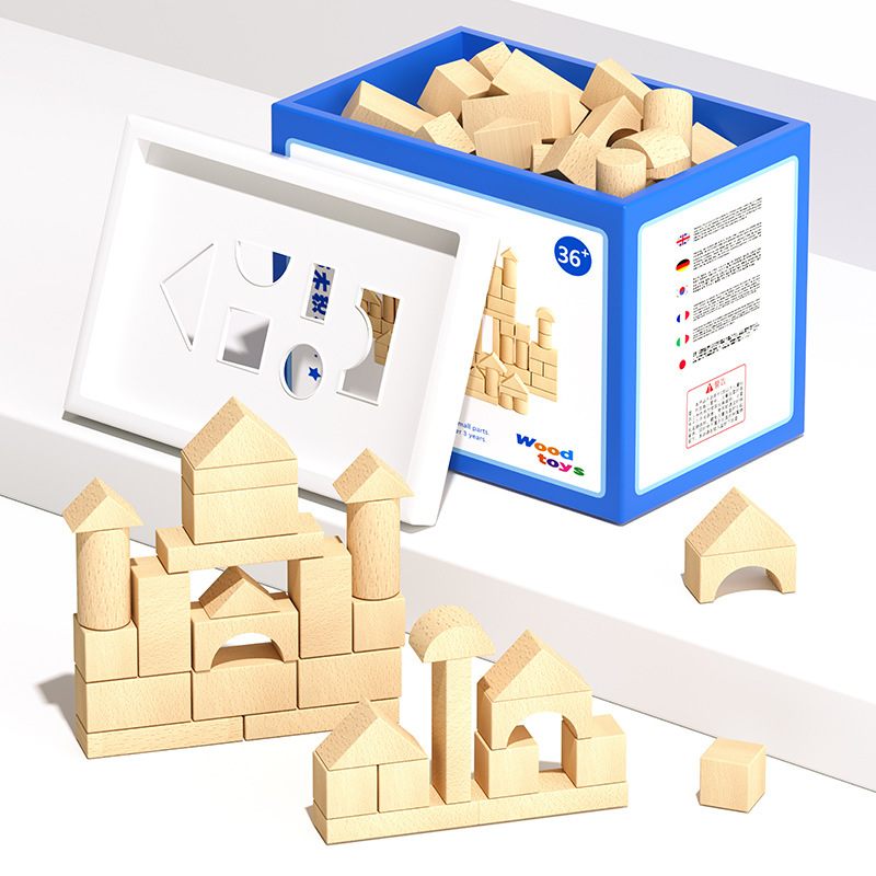 原木无漆大颗粒100搭构建批发幼儿园拼桶装益智粒积木玩具实木