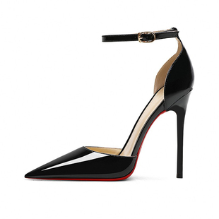黑色红底高跟鞋女细跟尖头2025春新新款性感中空一字带扣气质凉鞋