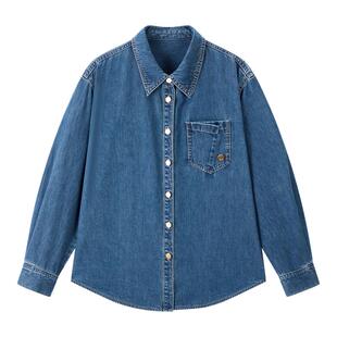 太平鸟  廓形宽版牛仔长袖衬衫25冬季新款女士复古通勤韩版衬衣