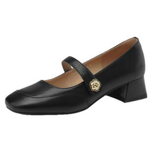 达芙妮法式单鞋女2026新款夏季玛丽珍女鞋粗跟黑色小皮鞋子高跟鞋