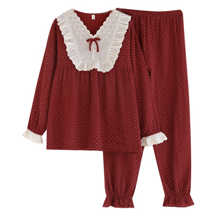 新款纯棉双层纱布睡衣女春秋季全棉甜美蕾丝红色碎花公主风家居服