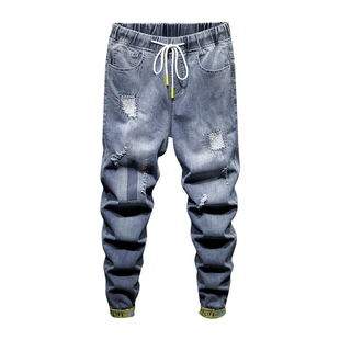 夏季薄款破洞肥佬牛仔裤男宽松潮胖子漏洞乞丐裤特大码破烂小脚裤