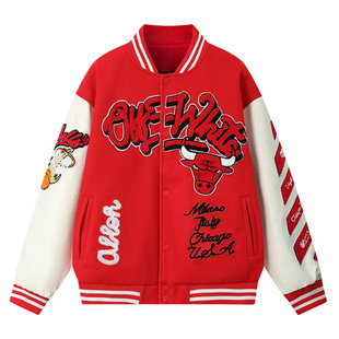 美式棒球服男红色公牛队2024新款飞行员夹克库里同款刺绣春秋外套