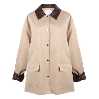 巴恩风卡其色拼皮风衣