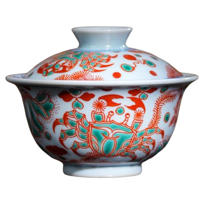 莲画堂红绿彩八方来财盖碗130ML