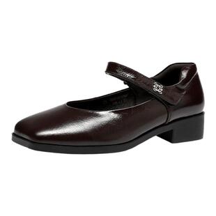 金利来女鞋春秋新款时尚复古方头黑色百搭单鞋魔术贴粗跟玛丽珍鞋