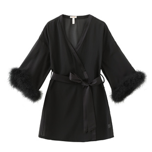 NoirTease春夏薄款性感丝质睡袍女士微透系带五分袖浴袍家居服