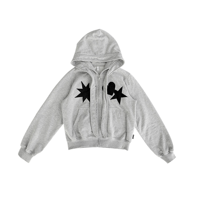 innomoood 几何图形皮质贴布绣领带连帽开衫针织卫衣毛圈短外套女