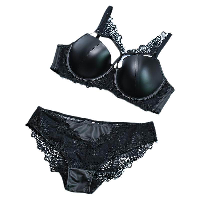 黑色光面皮革上托小胸聚拢专用性感文胸套装绑带女性内衣V型胸罩