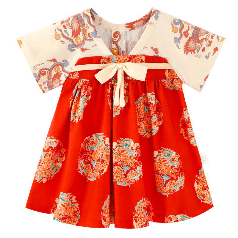 龙喜年汉服裙子周岁女宝宝礼服国风中式红色纯棉生日婴儿衣服夏薄