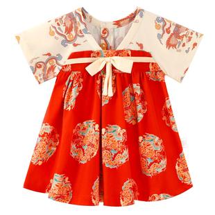 龙喜年汉服裙子周岁女宝宝礼服国风中式红色纯棉生日婴儿衣服夏薄