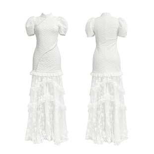 MOOD X MIURA 2J新款白色珍珠装饰可拆卸蕾丝下摆连衣裙礼服