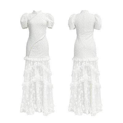 MOOD X MIURA 2J新款白色珍珠装饰可拆卸蕾丝下摆连衣裙礼服