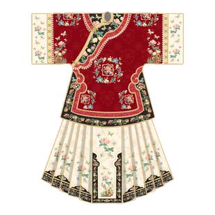 原创清汉女汉服斜襟圆领古董民族服装重工印花马面裙春秋款