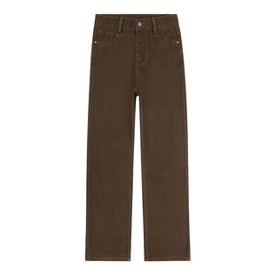 拉夏贝尔咖色复古加绒直筒牛仔裤女秋冬季梨型身材高腰窄版阔腿裤