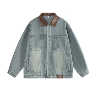 悟空有货美式复古pu皮拼接牛仔外套男潮牌街头宽松BF翻领工装夹克