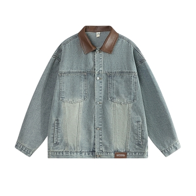 美式复古街头pu皮拼接牛仔外套