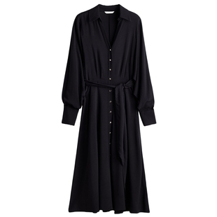 HM女装连衣裙2026春季新款衬衫式V领收腰长袖通勤连身裙1318835