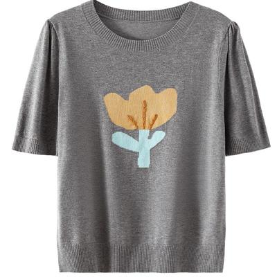OSA灰色薄款针织T恤女短袖2024夏