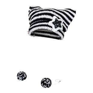 亚比风手工可爱五星猫咪耳朵条纹恶魔保暖套头帽针织球球毛线帽女