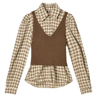 2025年秋装Outlets专柜 AM系列 珍珠吊带+棉质格纹衬衫两件套装女