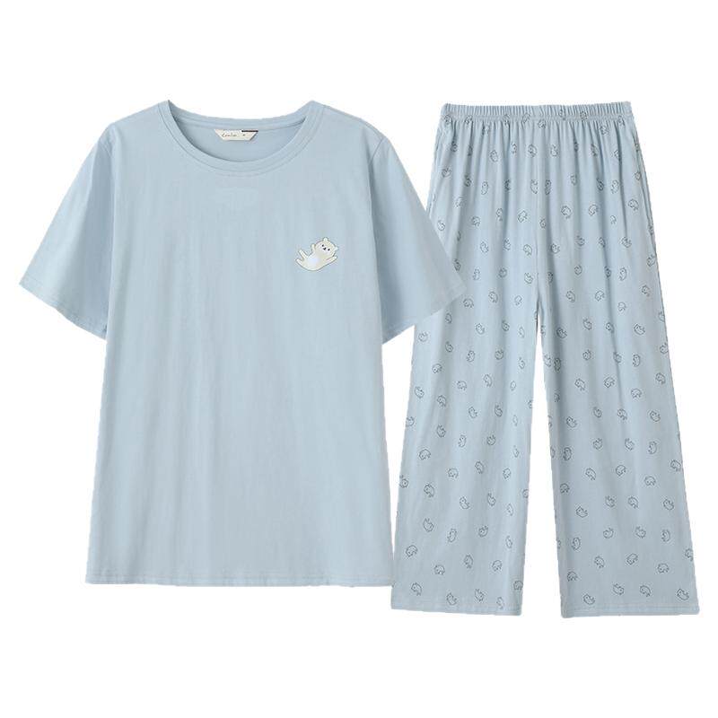夏季七分裤短袖纯棉圆领宽松睡衣