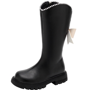 FVM女童靴子儿童黑色公主长筒长靴2026新款冬季加绒女宝皮靴冬鞋