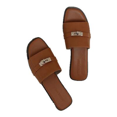 彭姐法式锁扣一字真皮拖鞋