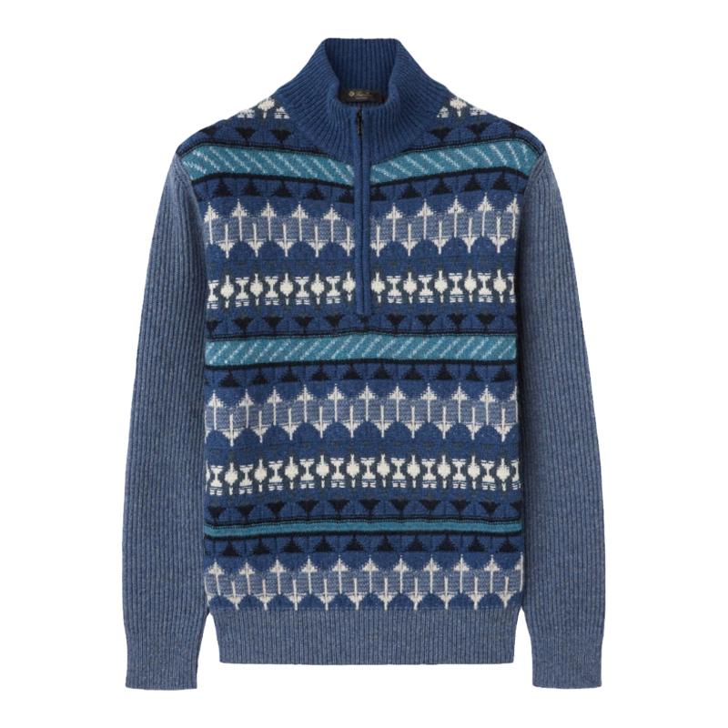 Loro Piana/诺悠翩雅男装立领拉链多色提花编织图案山羊绒毛衣